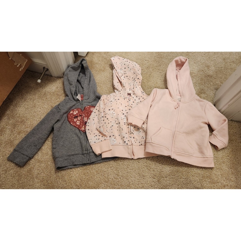 Lot of 3 Carters Baby Girl Zip Up Hoodies Size 12M Pink Gray Heart Star Fleece